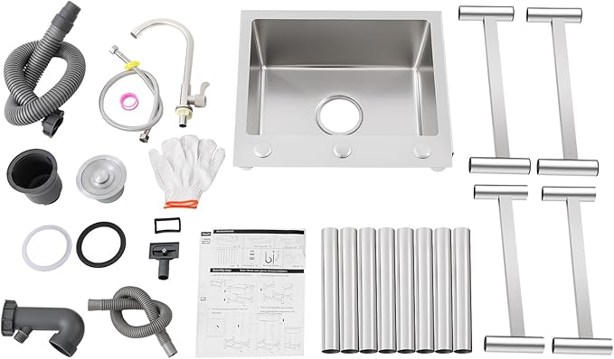 Free Standing Single Bowl Kitchen Sink Commercial, Outdoor Utility Sink Stainless Steel with Water Pipe Faucet Small Portable Sink Hand Wash Station for Garage Garden Backyard (18X16X30in)