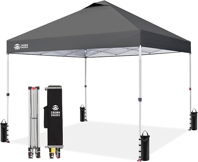 CROWN SHADES 12x12 Pop Up Canopy - Beach Tent with One Push Setup - Easy Outdoor Sun Shade Shelter for Events, Parties - Gazebo with STO-N-Go Cover Bag, Silver Coated Top, Grid Grey