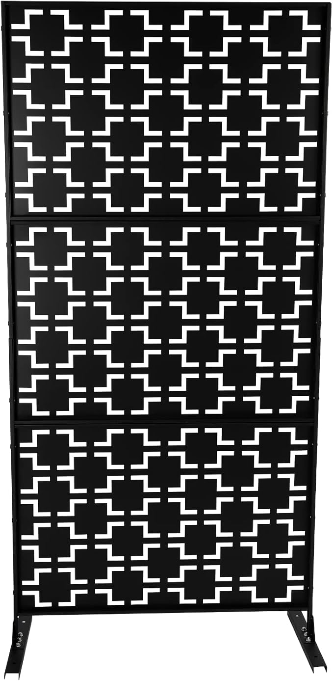 75" H×35" W Decorative Outdoor Privacy Screen with Stand, Outdoor Decor Privacy Fence Screen Metal Fence Panels, Free Standing Metal Divider for Patio Lawn Deck (Black-Square)