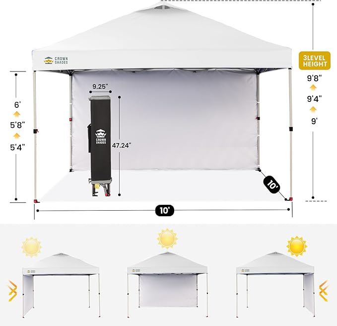 CROWN SHADES 10x10 Pop Up Canopy with 1 Side Wall - Beach Tent with One Push Setup - Outdoor Sun Shade for Events, Parties, Camping - Gazebo with STO-N-Go Cover Bag (White)