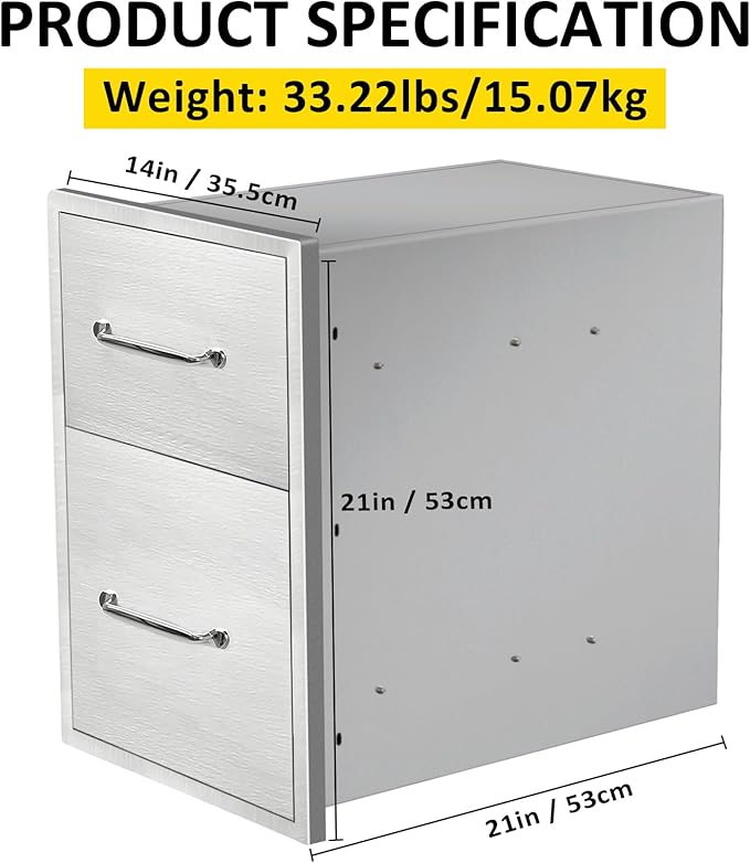 Outdoor Kitchen Drawers 14" W x 21" H x 21" D Flush Mount Double BBQ Drawers with Chrome Handle Stainless Steel Drawer for Outdoor Kitchen Island, Patio Grill Station