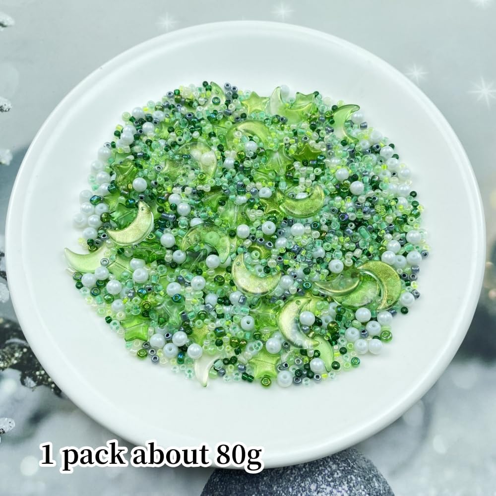 Assorted Glass Beads for Jewelry Making Multi Size Colors Glass Star Moon Seed Pearl Spacer Beads for Bracelets Necklace Earring Making(White Light Green)