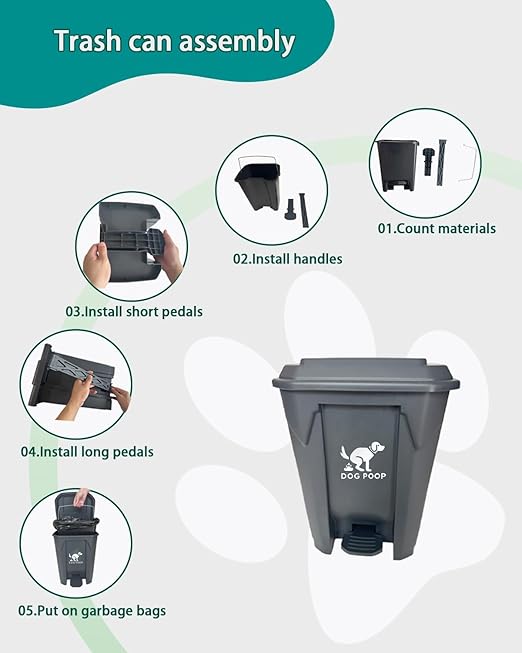 Large Dog Poop Trash Can Outdoor 20L / 5.3 Gallon with Metal Rake & Tray Set - Heavy Duty Stainless Steel Pooper Scooper & Waterproof Pet Waste Station for Large Dogs