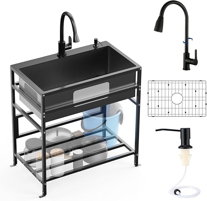 Black 30x18 Inch Freestanding Utility Sink-Stainless Steel Laundry Sink Practicality With Accessories Black Stainless Faucet,Soap Dispenser, SS Sink Grid For Laundry,Garage,Outdoor Kitchen,Garden...