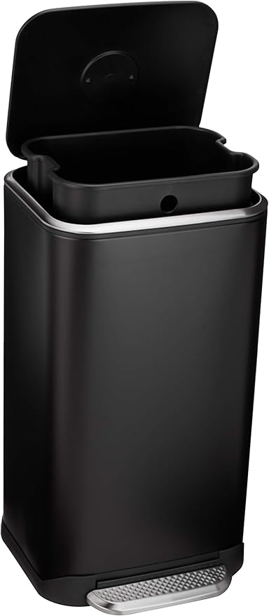 Amazon Basics Rectangular Metal Trash Can With Soft-Close Foot Pedal, 32 liter/8.5 gallon, 14"L x 14"W x 25.3"H, Black