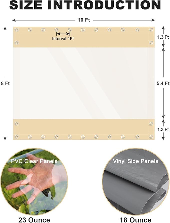 Clear Vinyl Curtains for Patio Enclosure, 23oz Heavy Duty Waterproof Anti-UV and Tear-Resistant Tarpaulin with Grommets, Weatherproof Panels for Porch, Pergola, Gazebo, Balcony, Outdoor