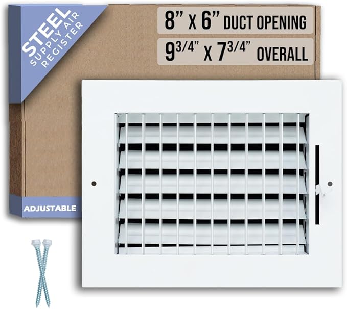 Fits 8x6 Duct Opening Steel Adjustable Air Supply Grille by Handua | Register Vent Cover Grill for Sidewall and Ceiling | White | Outer Dimensions: 9.75" X 7.75"