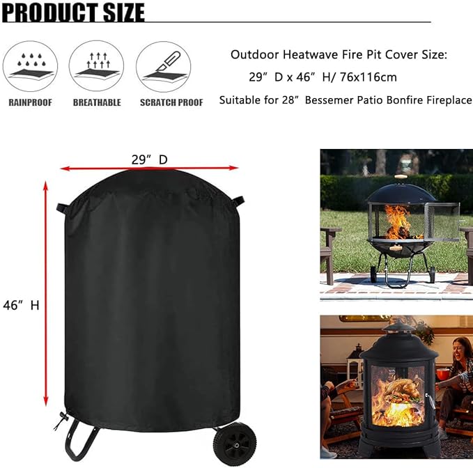 POMER Patio Bonfire Fireplace Cover, Round Fire Pit Cover for 28 Inch Outdoor Fireplace Waterproof Heatwave Fire Bowl Cover - 28" D x 46" H