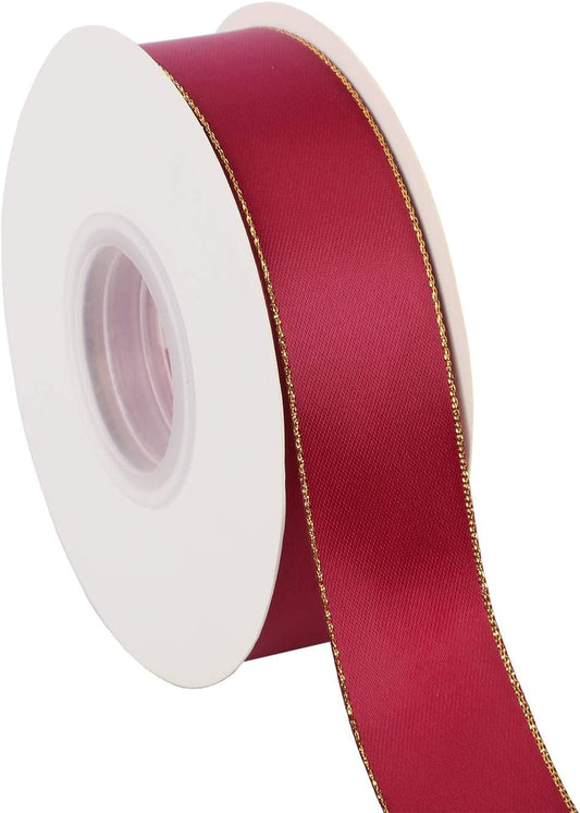 ITIsparkle 1" Inch Double Faced Satin Ribbon 25 Yards with Gold Edges, 1" X 25Yd - Wine