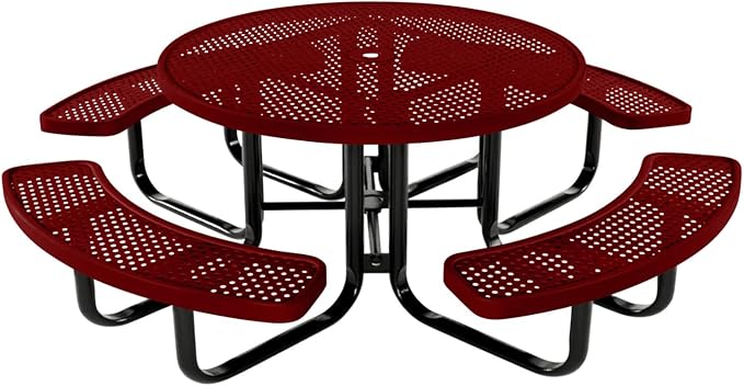 COATEDOUTDOORFURNITURE Heavy-Duty Portable Outdoor Kids Table with Umbrella Hole, Punched Steel Kids Picnic Table, Commercial-Grade, Made in America (46 in, Round, Childrens, Textured Burgundy)