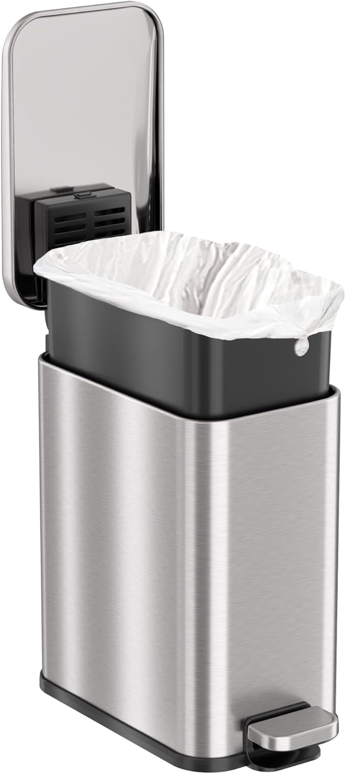 iTouchless 5 Liter / 1.32 Gallon SoftStep Bathroom Trash Can with Lid & AbsorbX Odor Filter – Slim Stainless Steel Wastebasket with Inner Bucket for Small Spaces, Home, Office, Bedroom, Living Room