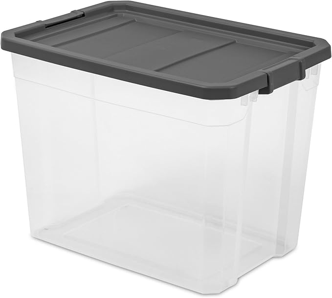 108-Quart Clear Plastic Stackable Storage Tote with Latching Lid, Textured Grip, Flat Grey Lid,Heavy Duty Stackable Storage Bins, – Closet, Bathroom, Office Organizer