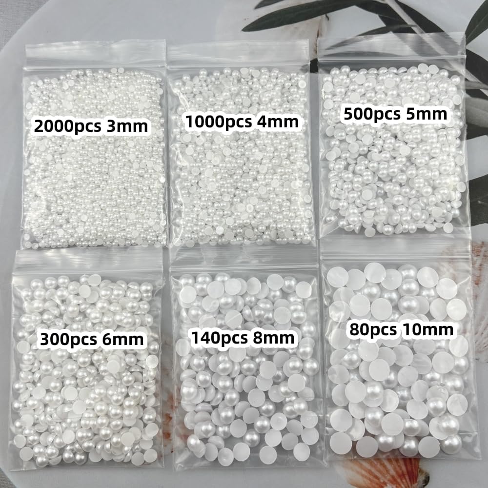 4020pcs Half Pearls for Crafts Assorted Size 3mm 4mm 5mm 6mm 8mm 10mm Flatback Half Round Pearl Beads for Jewelry Making Nail Art Scrapbook Craft Wedding Dress Decoration(White)