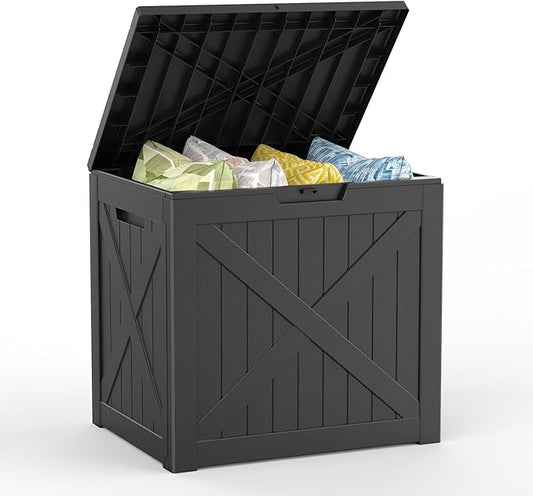 Mars Villa 31 Gallon Deck Box, Outdoor Storage Box Waterproof, Outside Resin Storage Bin for Outdoor Patio Furniture Cushions, Pool Supplies, Garden Tools, UV-Resistant and Weatherproof, Black Barn