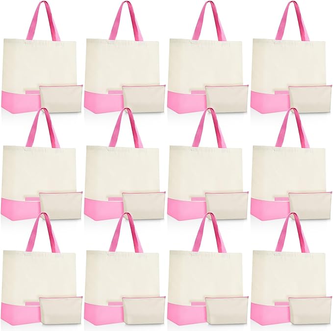 Sanwuta 24 Pcs Canvas Tote Bags Bulk with Zipper Cosmetic Bags 18.5" Cotton Canvas Bag with Handles Reusable Shopping Bags