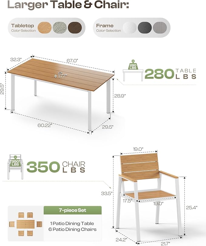 Outdoor Dining Set for 6, Patio Table and Chairs Set with Umbrella Hole, 7 Pieces HDPS + Aluminum Outdoor Furniture Sets for Patio, Garden (White & Teak)