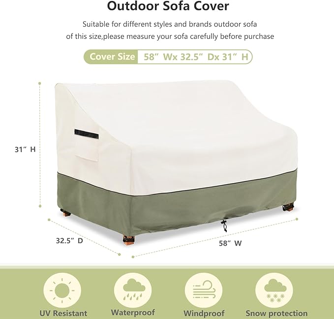 2-Seater Patio Sofa Cover,58 W x 32.5 D x 31 H Inches Outdoor Couch Cover,600D Heavy Duty Waterproof Outdoor Sofa Covers,Patio Furniture Covers,Beige