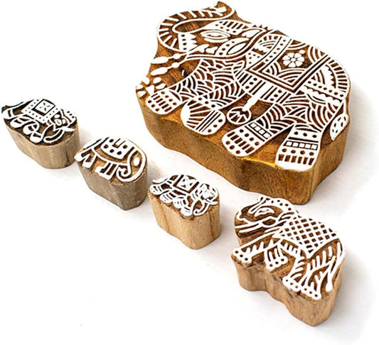 Wooden Block Stamp for Block Printing - Elephant Design Wooden Print Stamp Set of 5, Handcarved Indian Wood Stamps for Crafting on Fabric, Clay & Henna Tattoo HASHCART®