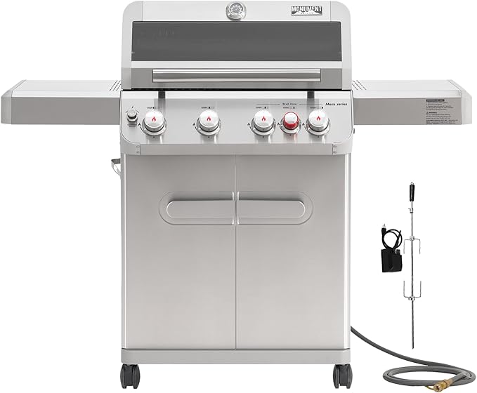 Monument Grills 4+1 Burner Natural Gas Grill with Hose, 50,000 BTU Stainless Steel Outdoor Patio Barbecue Grill with Rotisserie, Fast Heating, Knob Control, M415BZNG