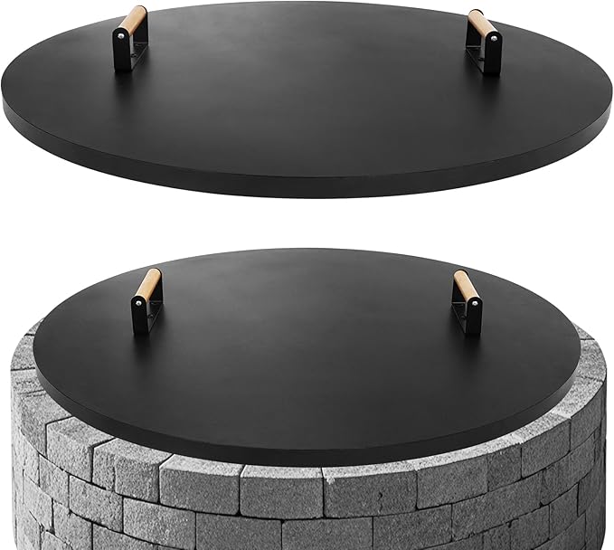 G GOOD GAIN Firepit Lid Round 34inch - Rust Resistant Fire Pit Lid Cover with Wooden Handle & Gloves, Fire Pit Snuffer Lid for Courtyards, Patio, Winter Cold Protection. Fits Fire Pits Up to 32‘’