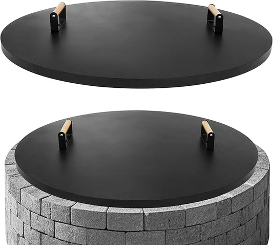G GOOD GAIN Firepit Lid Round 34inch - Rust Resistant Fire Pit Lid Cover with Wooden Handle & Gloves, Fire Pit Snuffer Lid for Courtyards, Patio, Winter Cold Protection. Fits Fire Pits Up to 32‘’