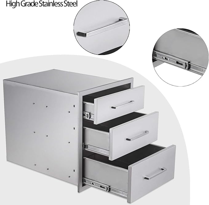 Outdoor Kitchen Drawers Stainless Steel 3-Drawer BBQ Drawer 16" W x 21" H x 23" D Enclosed Built-in Drawer Flush Mount for Outdoor Kitchens & BBQ Islands