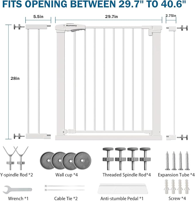 Baby Gate for Stairs, 29.7-40.6" Pressure Mounted Dog Gate, Auto Close Safety Gate for Children & Pets, Easy Install Pet Gate with Walk Thru Door for Doorways & Hallways, No Drilling, Dual-Lock Design