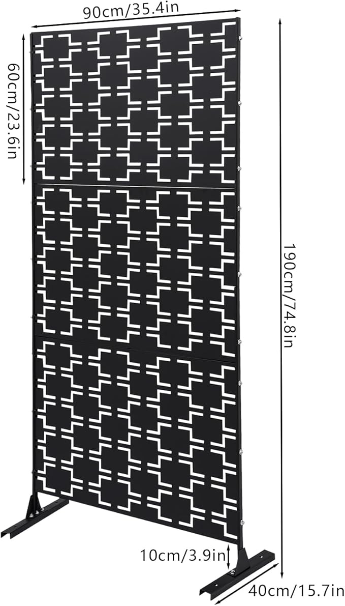 75" H×35" W Decorative Outdoor Privacy Screen with Stand, Outdoor Decor Privacy Fence Screen Metal Fence Panels, Free Standing Metal Divider for Patio Lawn Deck (Black-Rectangular)