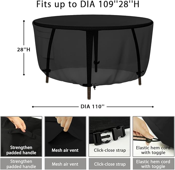 Patio Furniture Covers - Heavy Duty Round Table Cover (110D x 28H Inch) for Outdoor Dining & Coffee Table, Chair - Waterproof & Weather Resistant, Anti UV - Black
