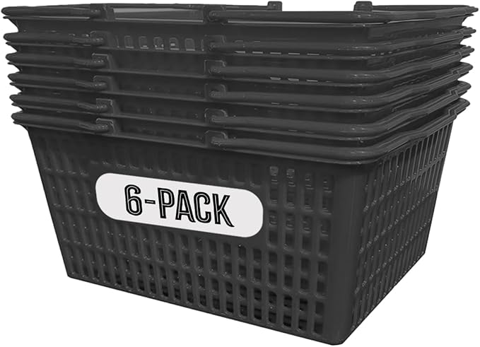 Stackable Plastic Shopping Baskets, Black, Easy-Grip Handles for Grocery, Retail, Liquor Stores, Home Use (Black, 6-pack)