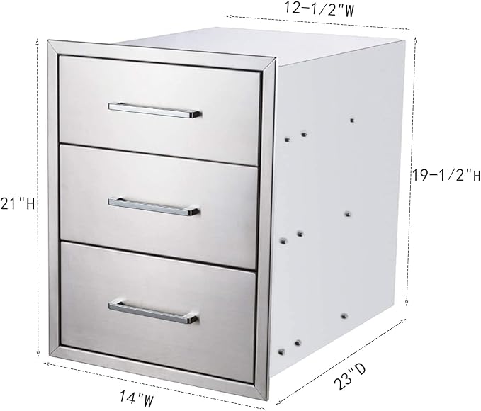 yuxiangBBQ Outdoor Kitchen Drawers Stainless Steel 3-Drawer BBQ Drawer 14" W x 20.5" H x 23" D Enclosed Built-in Drawer Flush Mount for Outdoor Kitchens & BBQ Islands