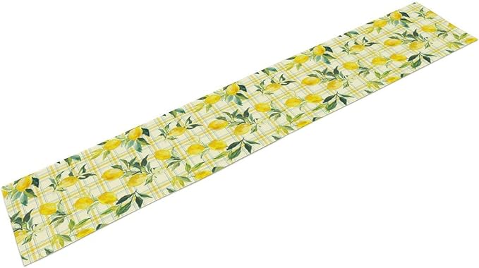 Yellow Plaid Lemon Table Runner Nature Watercolor Plant Countryside Farm Fruit Aesthetic Dining Table Decoration for Home Holiday Party Dresser Kitchen Cabin Restaurant Wedding Decor 13×60in