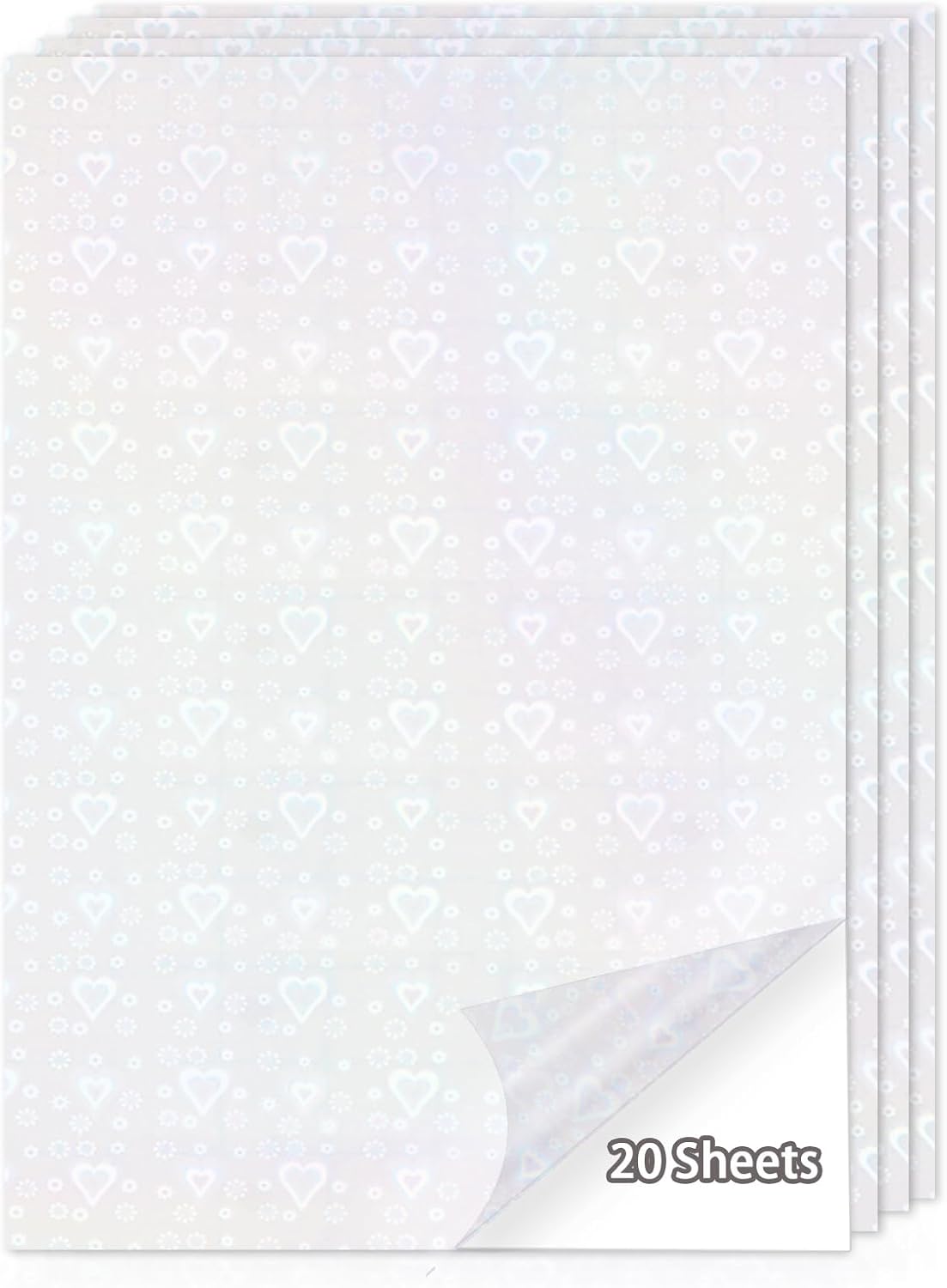 20 Sheets Holographic Sticker Paper,8.5x11 Inch Clear Printable Vinyl Sticker Papers,Self-Adhesive Waterproof for Inkjet/Laser Printer（Clear Heart）