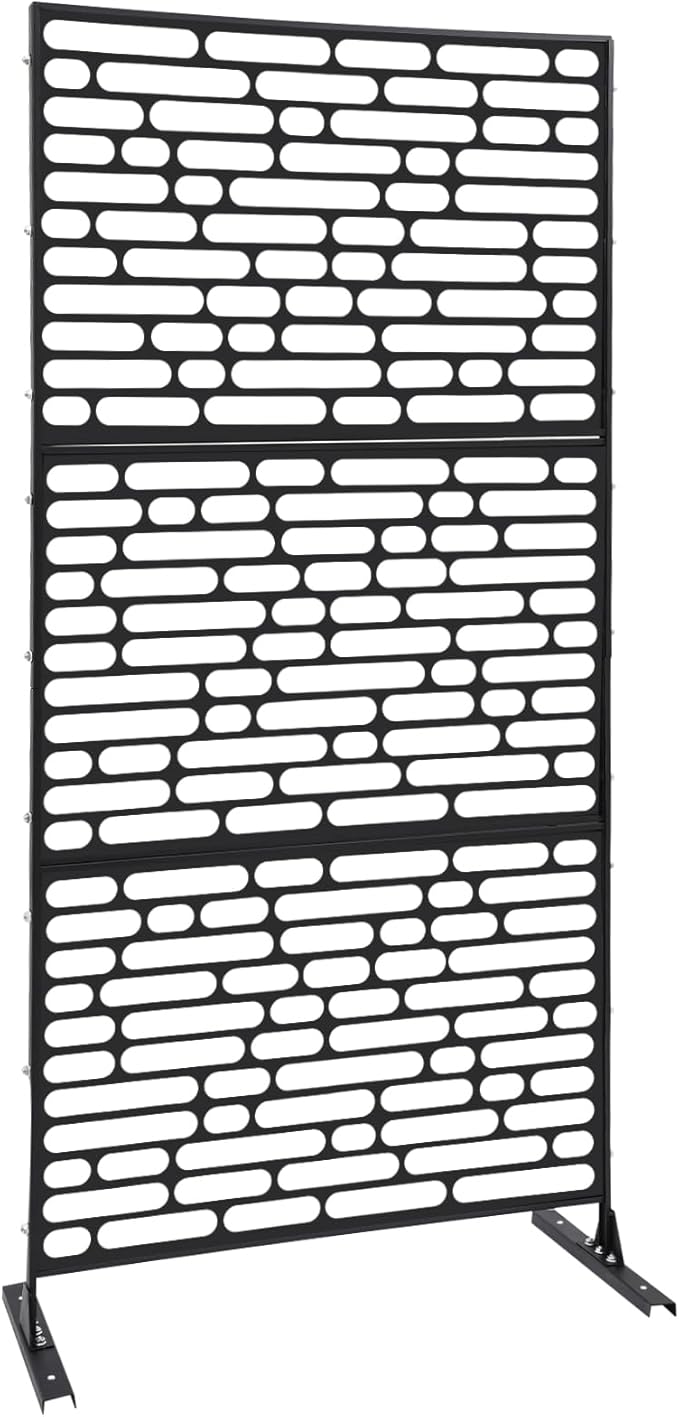 Outdoor Metal Privacy Screen with Stand, 35.4" W x 75" H Freestanding Metal Slatted Decorative Privacy Screen and Panels for Patio Garden Balcony Porch (Black Rounded Rectangle)