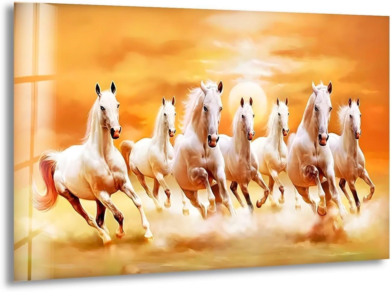 My Photostation.com 60WX40H'' White Horses Running on Sunset Glass Wall ArtTempered Glass Printing Wall Decor Large Wall Art Wall Hangings