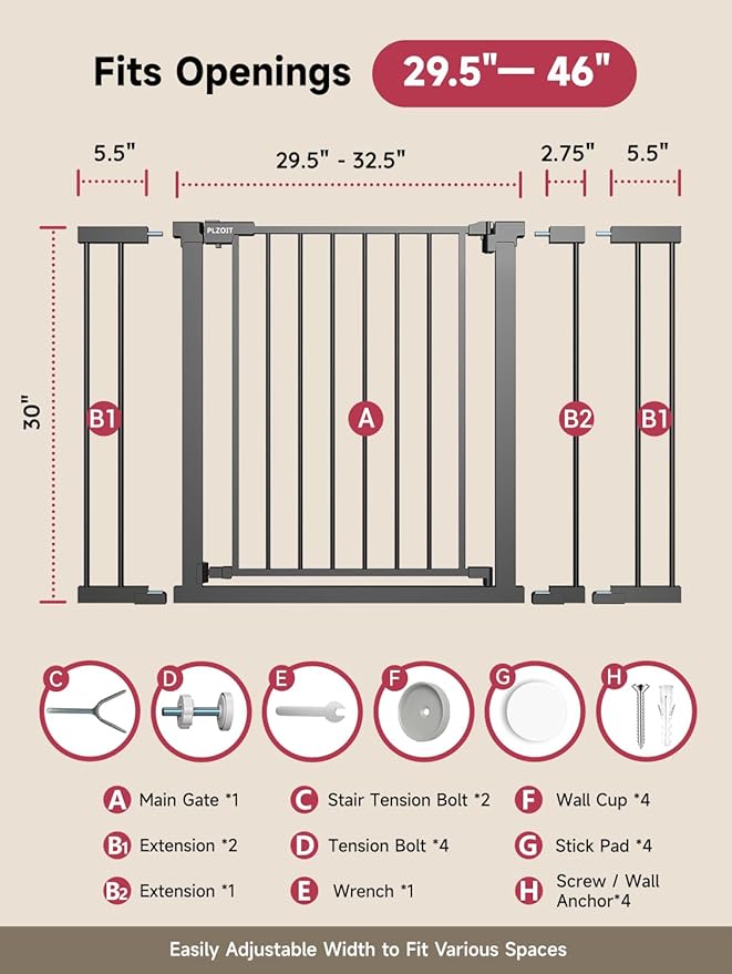 29.5-46" Extra Wide Baby Gate for Stairs, Dog Gate for Doorways, Walk Thru Auto Close Metal Pet Gate for The House, Stairs and Doorways Child Gate Pressure Mounted Safety Gate Indoor - Black