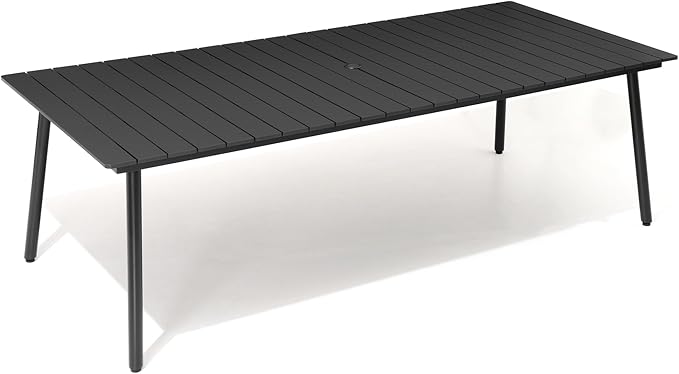 95" Patio Outdoor Dining Table for 8-10, Weather-Resistant Wood-Grain Top with Aluminum Frame & Umbrella Hole for Deck Gatherings, Black