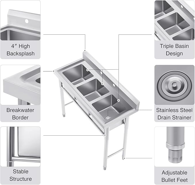 WILPREP NSF Stainless Steel 3 Compartment Commercial Sink 11x10x10 Inch Basins, Kitche Station Utility Sink for Restaurant Bar Home Laundry Room Garage