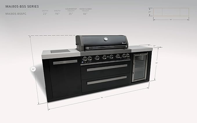 Mont Alpi MAi805-BSSFC 44-inch 6-Burner 115000 BTU Black Stainless Steel Gas Outdoor Kitchen Bar Island Grill w/Wine Cooler Beverage Center Refrigerator + Infrared Side Burner + Granite Countertop