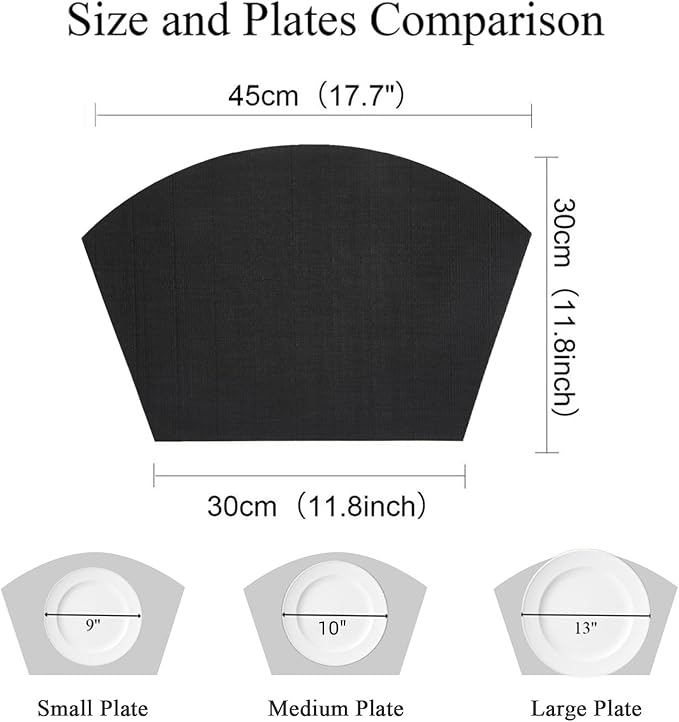 SHACOS Small Round Table Placemats Wedge Placemat Set of 4 Non Slip Heat Resistant Woven Vinyl Table Mats Wipe Clean Indoor Outdoor (4, Black)