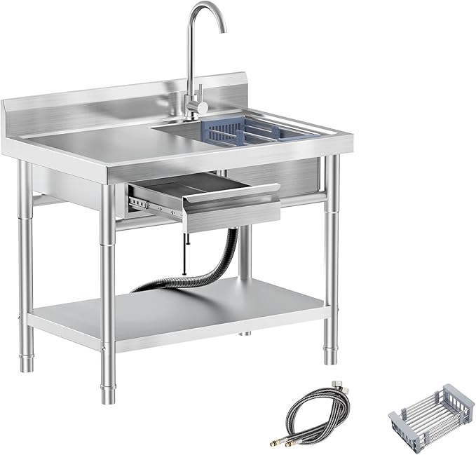 Utility Sink, Commercial Kitchen Stainless Steel Sink, 39.5'' Free Standing Single Bowl Sink with Drawer & Cold and Hot Water Pipe for Kitchen Laundry Room Farmhouse Indoor and Outdoor