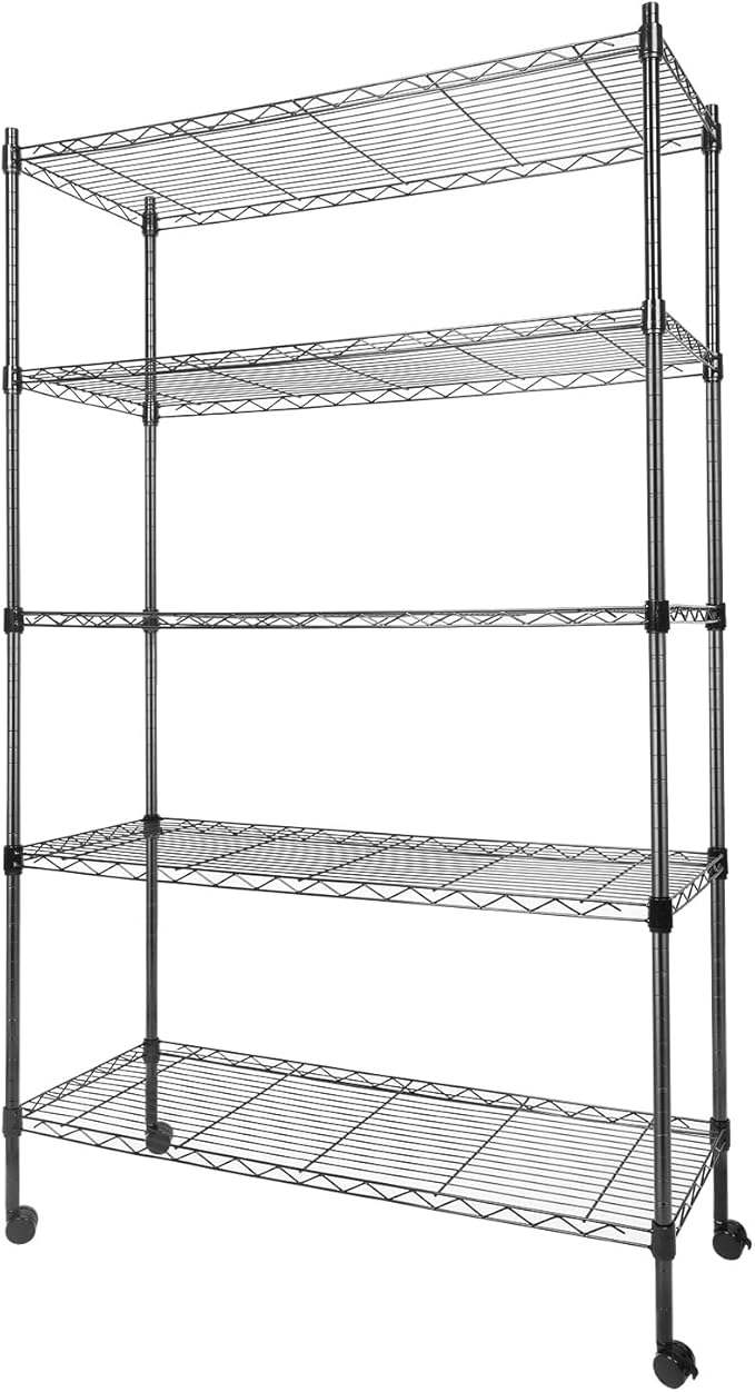 Whitmor 5 Tier Shelving Unit,Metal Storage Shelves, Heavy Duty with 4 Wheels & Adjustable Feet, 400 lbs Capacity per Shelf, Max 2000 lbs Total for Home, Garage, Workshop, 36" L x 14" W x 60" H, Black