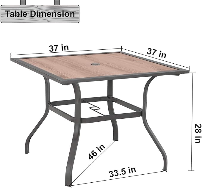 MFSTUDIO 37" Square Backyard Bistro Table Patio Dining Table Outdoor Furniture Garden Table, Imitation of Wooden Surface Top, 1.57” Umbrella Hole, Gray Frame