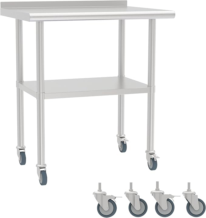 24x30 Inch Stainless Steel Work Table with Backsplash and Undershelf, Casters, Commercial Prep Table, Heavy Duty Kitchen Workbench, NSF Certified