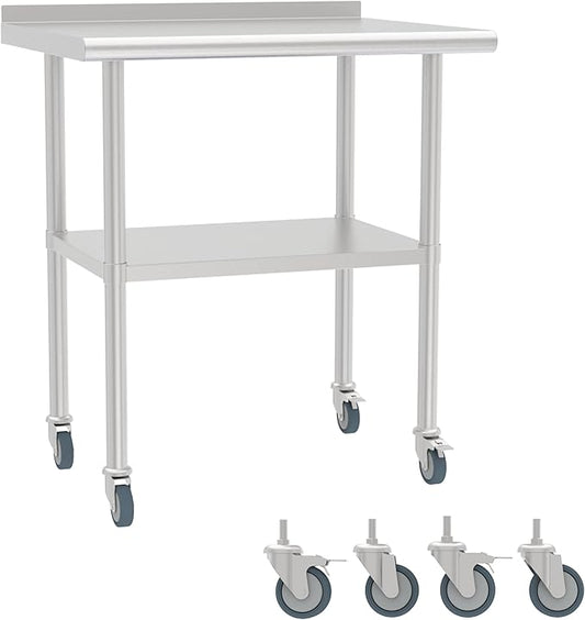 24x30 Inch Stainless Steel Work Table with Backsplash and Undershelf, Casters, Commercial Prep Table, Heavy Duty Kitchen Workbench, NSF Certified