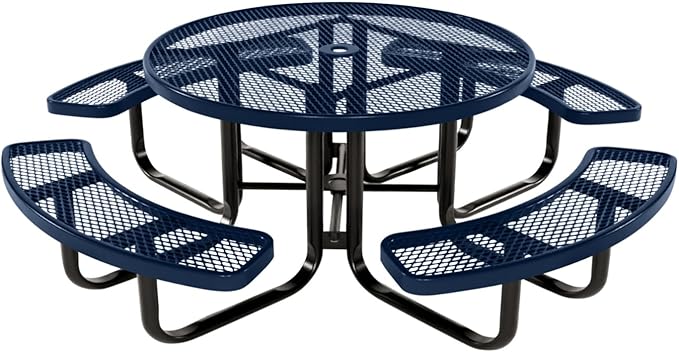 COATEDOUTDOORFURNITURE Heavy-Duty Portable Outdoor Kids Table with Umbrella Hole, Expanded Metal Kids Picnic Table, Commercial-Grade, Made in America (46 in, Round, Childrens, Textured Dark Blue)