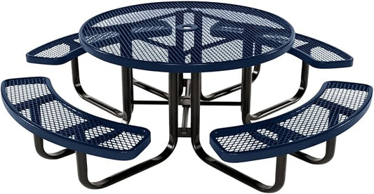 COATEDOUTDOORFURNITURE Heavy-Duty Portable Outdoor Kids Table with Umbrella Hole, Expanded Metal Kids Picnic Table, Commercial-Grade, Made in America (46 in, Round, Childrens, Textured Dark Blue)