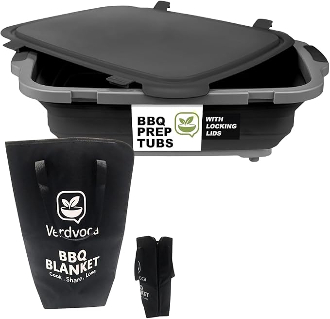 16L Black Collapsible BBQ Prep Tub with Locking Lids & 21 Inch Oxford Black BBQ Blanket for Resting Meat