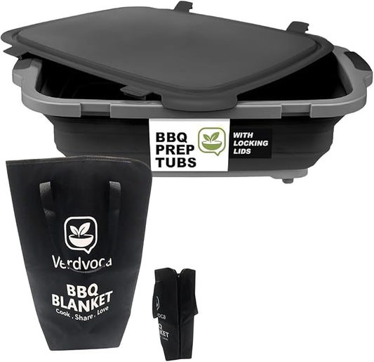 16L Black Collapsible BBQ Prep Tub with Locking Lids & 21 Inch Oxford Black BBQ Blanket for Resting Meat
