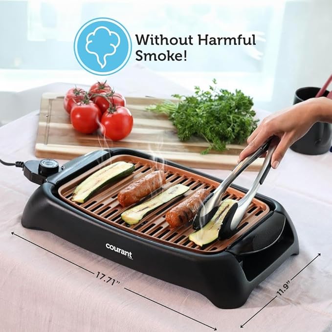 Courant smokeless indoor Electric grill, Copper Non-stick Coating Extra Large and Adjustable Temperature Control, Grill BBQ, Table Top Indoor Grill